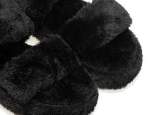 Παντόφλες μαύρες γούνινες με διπλή φάσα και λάστιχο ΜΑΥΡΟ